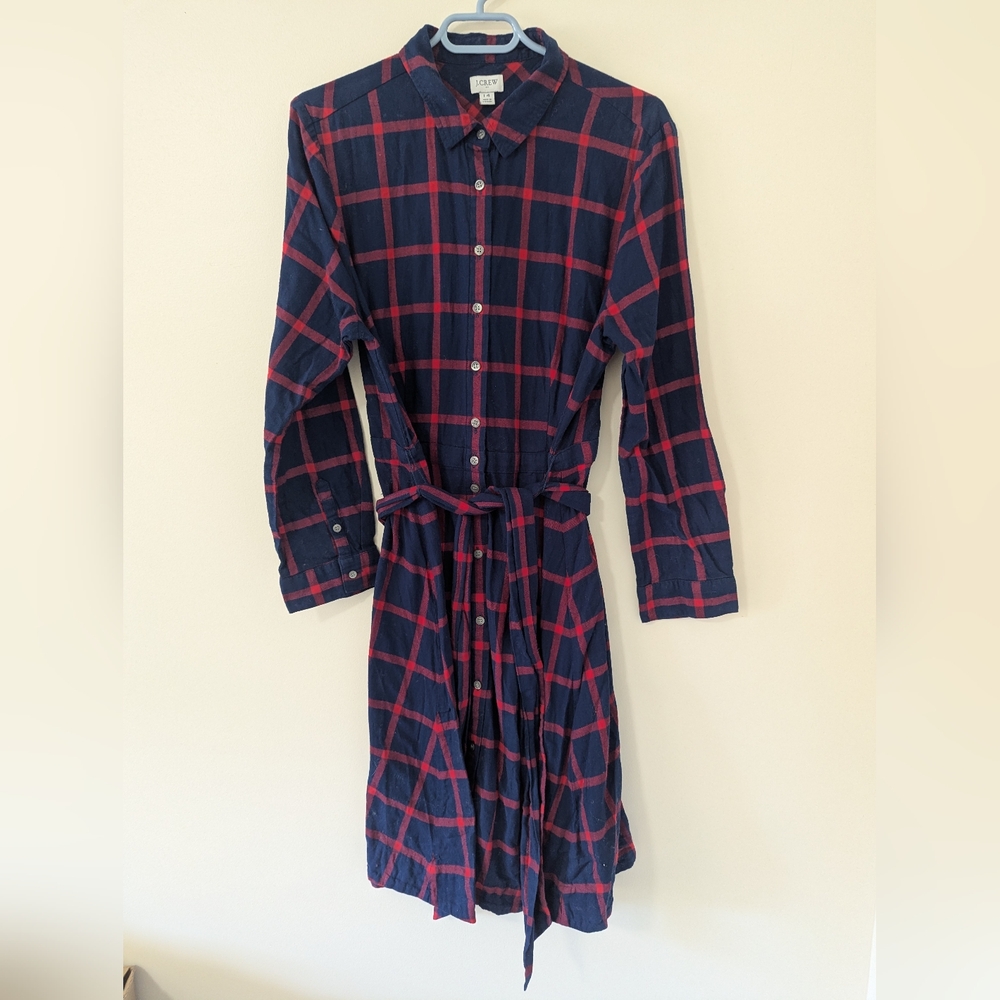 J Crew Women's 14 Blue Red Check / Plaid Button Shirt Dress Waist Cinch Collar - Picture 2 of 6